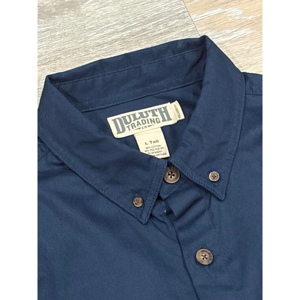 Duluth Trading Co Mens L Tall Relaxed Fit Short Sleeve Button Down Shirt Navy